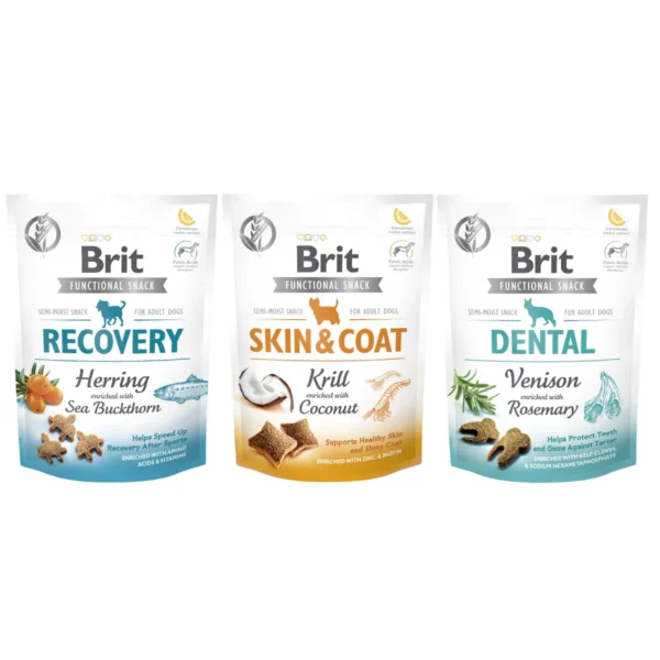 Bezzbożowe przysmaki dla psów małych, średnich i dużych ras firmy Brit- zbiorcze zdjęcie przysmaków Recovery, Skin&coat i Dental.