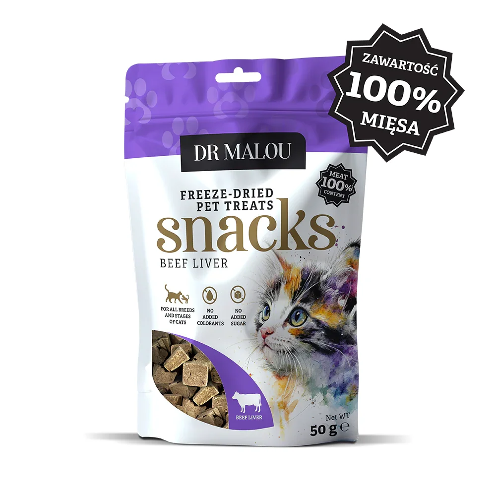 liofilizowana wątróbka wołowa dla kota 50 g (kostka) Liofilizowana wątróbka wołowa dla kota Dr Malou 100% mięsa opakowanie 50g