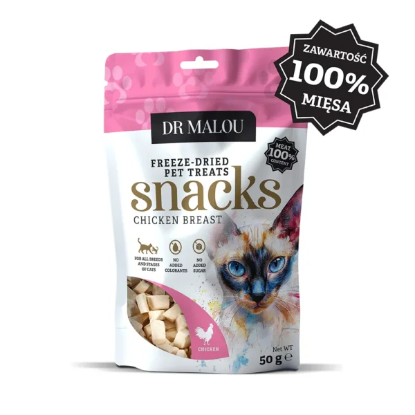 Liofilizowana pierś z kurczaka dla kota Dr Malou 100% mięsa opakowanie 50g