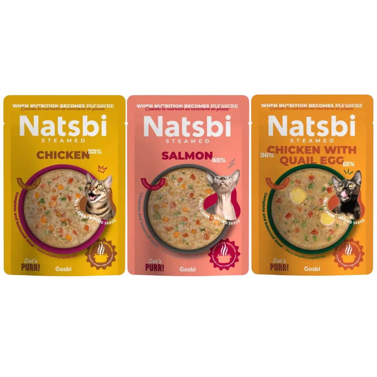 natsbi steamed cat gotowana na parze 80g kurczak / łosoś / jajka przepiórki Zestaw karm Natsbi Steamed Cat kurczak łosoś jajko przepiórcze warianty